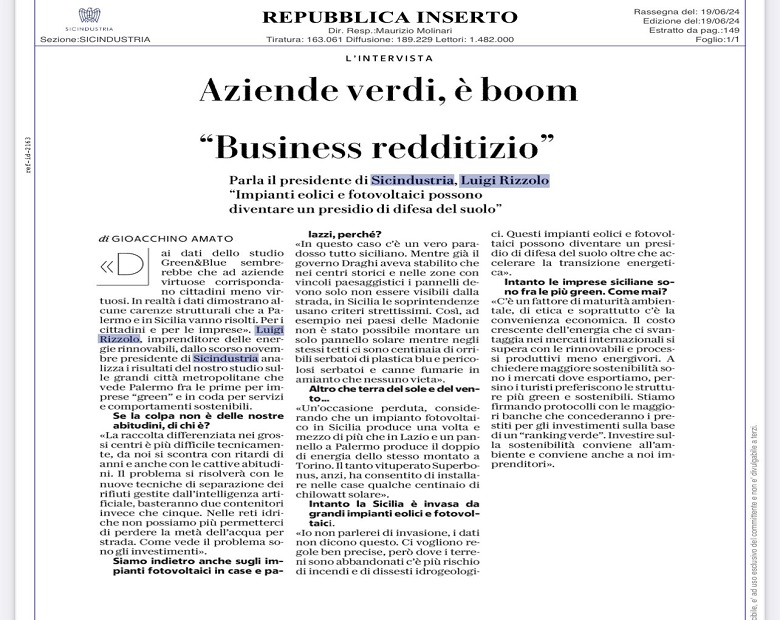 Aziende verdi, è boom Parla il presidente di Sicindustria, Luigi Rizzolo  - 19/06/2024